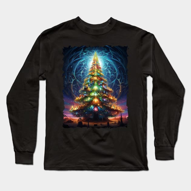 Fantastical Bright Christmas Tree Long Sleeve T-Shirt by Obotan Mmienu